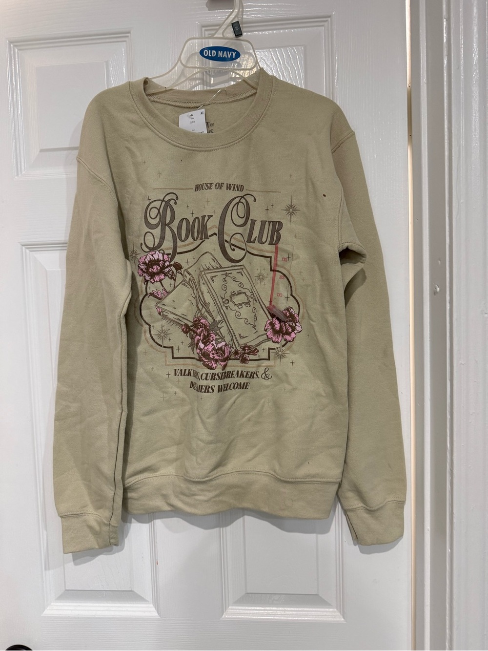 Women’s 'Book Club' Crewneck Sweatshirt - Beige with Pink Floral Print size XS